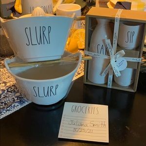 Set of 2 Rae Dunn Ramen “Slurp” bowls and Sake Set